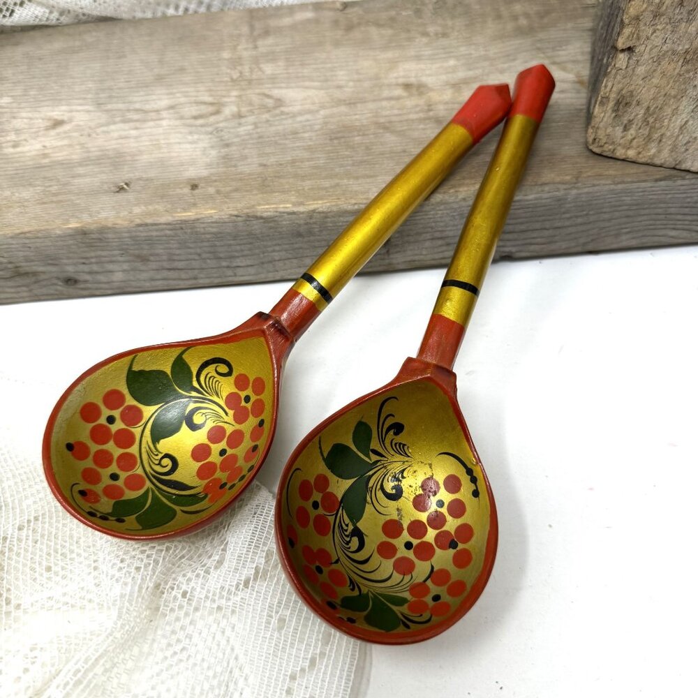 Vintage Khokhloma Hand Painted Spoon Set, Folk Art Wooden Spoons